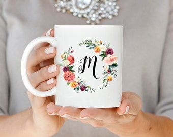 Monogram Mug, Floral Monogram Mug, Initial Mug, Monogram Coffee Mug, Custom Monogram Mug, Marsala Mug, Personalized Gift, Floral Mug