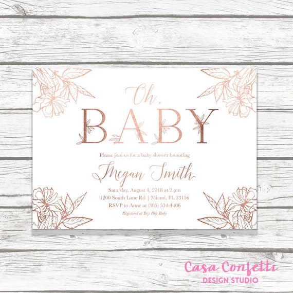 Rose Gold Leaf Baby Shower Invitation Rose Gold Baby Shower