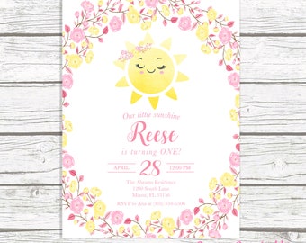 You Are My Sunshine Birthday Invitation Girl, Sunshine Birthday Invitation, Our Little Sunshine, Pink and Yellow Floral First 1st Birthday