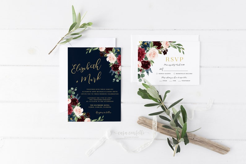 Burgundy and Navy Wedding Invitation Suite Navy and Gold Floral Wedding Invitation Burgundy Geometric Wedding Invitation