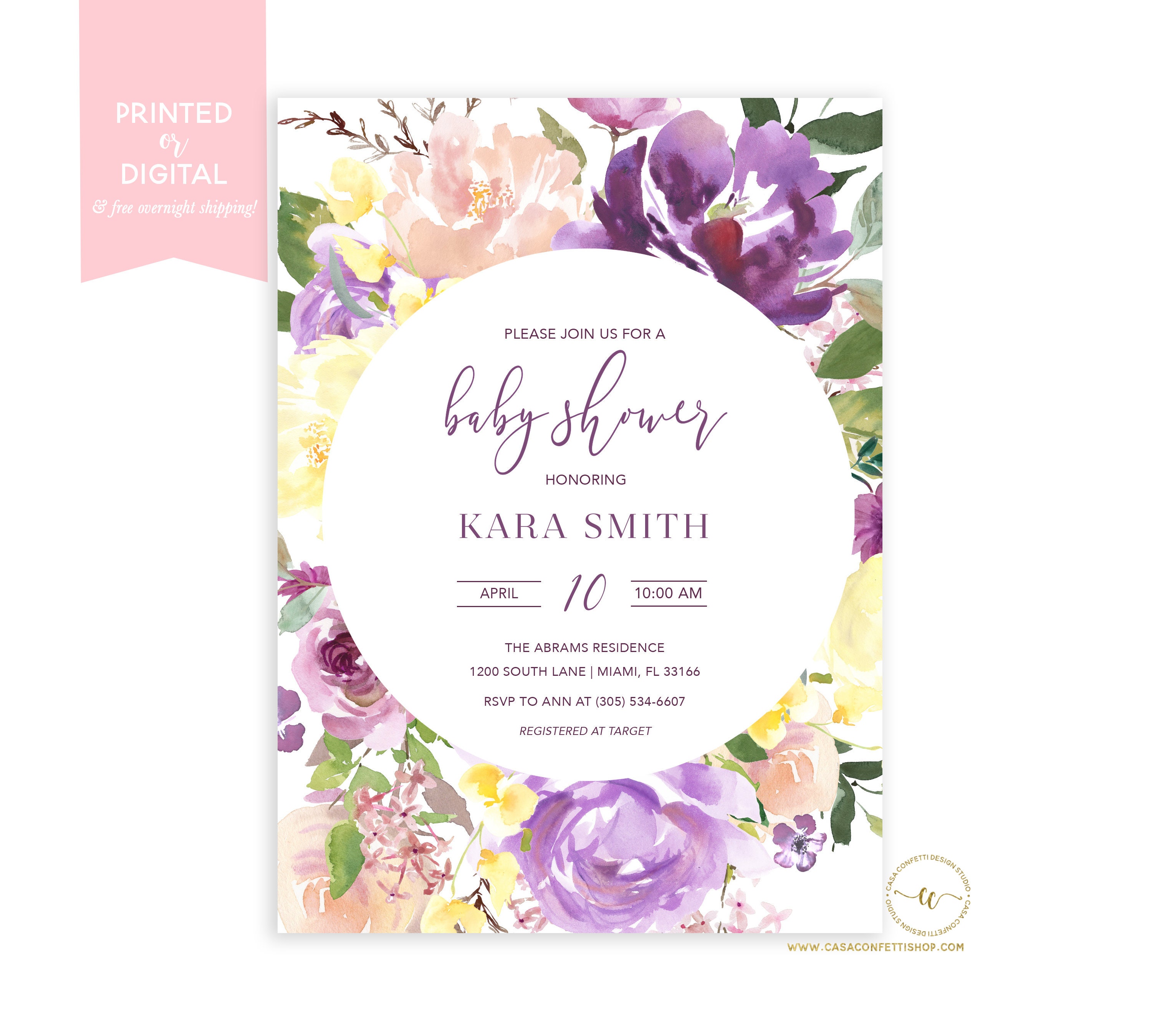 Purple Floral Baby Shower Invitation Girl Lavender Baby Shower Purple Floral Baby Shower Invitation Girl Lavender Baby Shower