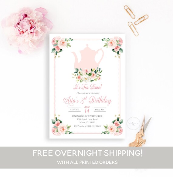 Tea Party Birthday Invitation, Tea Party Invitation, Pink Floral Birthday Invitation, Girl 1st First Birthday Party Invitation Tea for Two Il_570xn