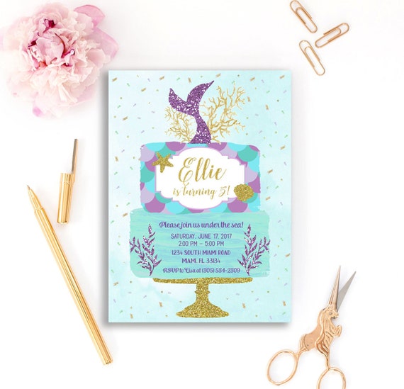 Mermaid Invitation, Mermaid Birthday Invitation, Mermaid Cake Invitation, Under the Sea Birthday Invitation, Girl 1st First Birthday Party Il_570xn