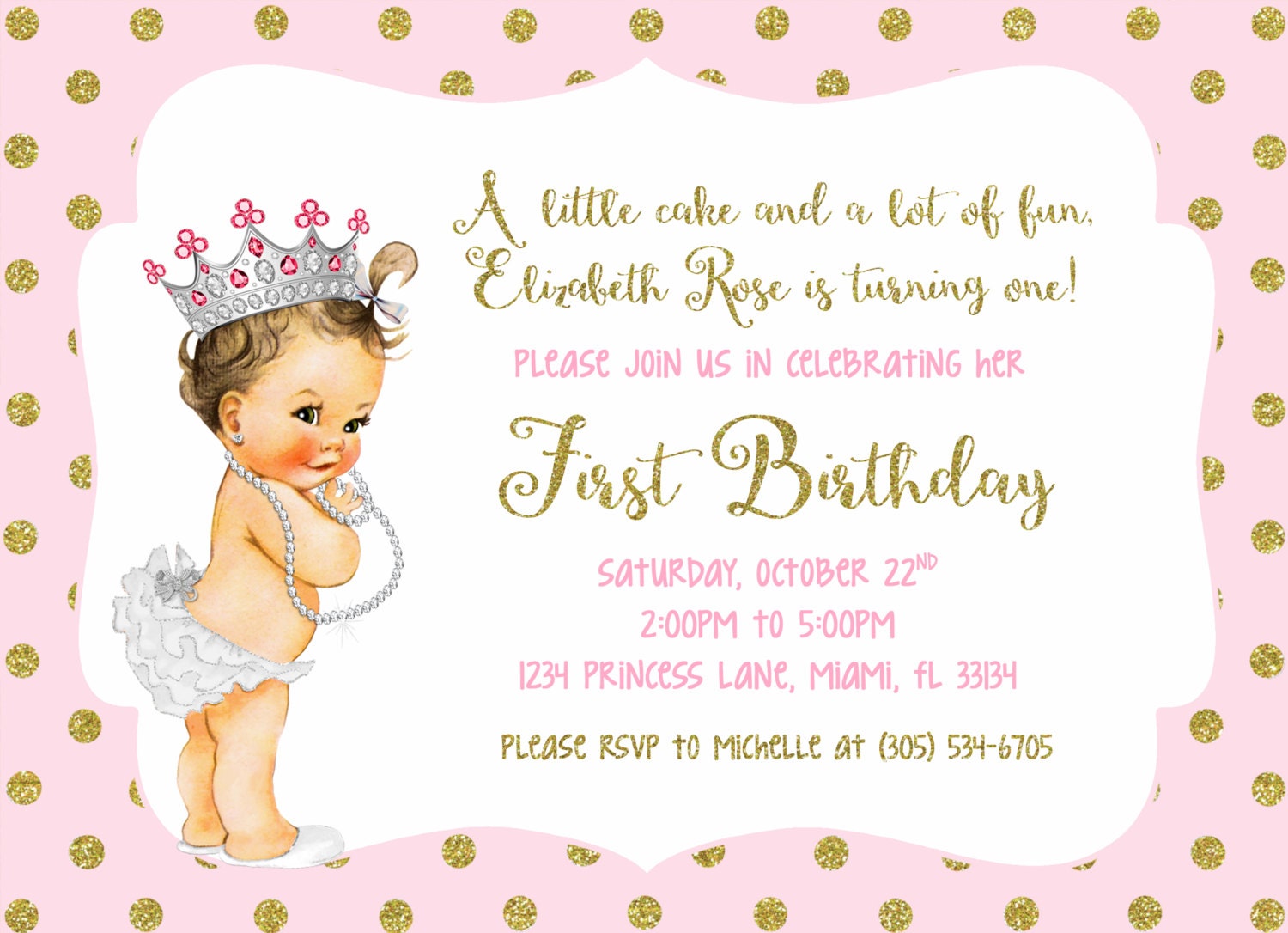 Pink And Gold Glitter Princess First Birthday Party Invitation 1st