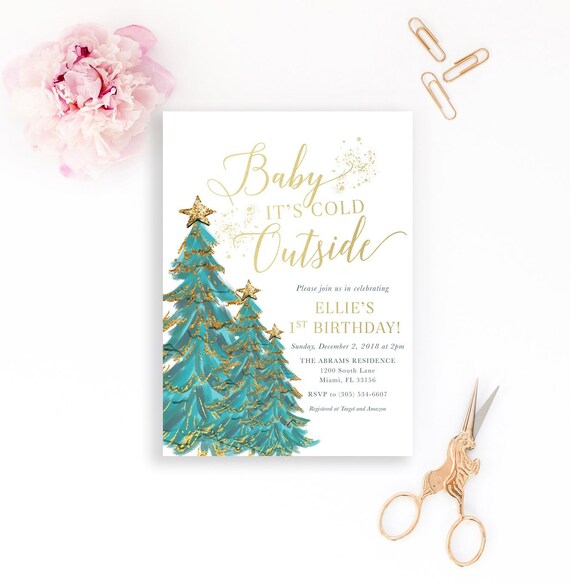 Christmas Tree Birthday Invitation, Baby It's Cold Outside Birthday Invitation, First 1st Birthday Girl, Winter Birthday Invitation Il_570xn