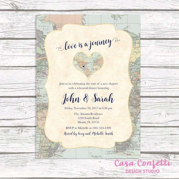 Map Travel Rehearsal Dinner Invitation Love Is A Journey Etsy