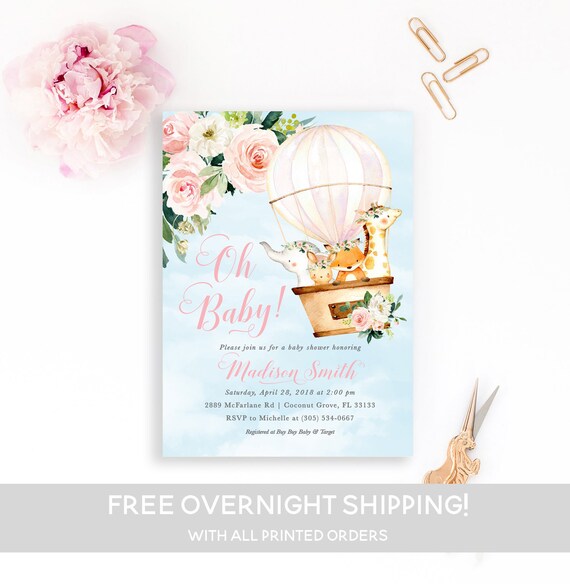 Hot Air Balloon Baby Shower Invitation, Animal Hot Air Balloon Invitation, Up Up Away, Adventure Baby Shower, Floral Baby Shower Invite Girl Il_570xn