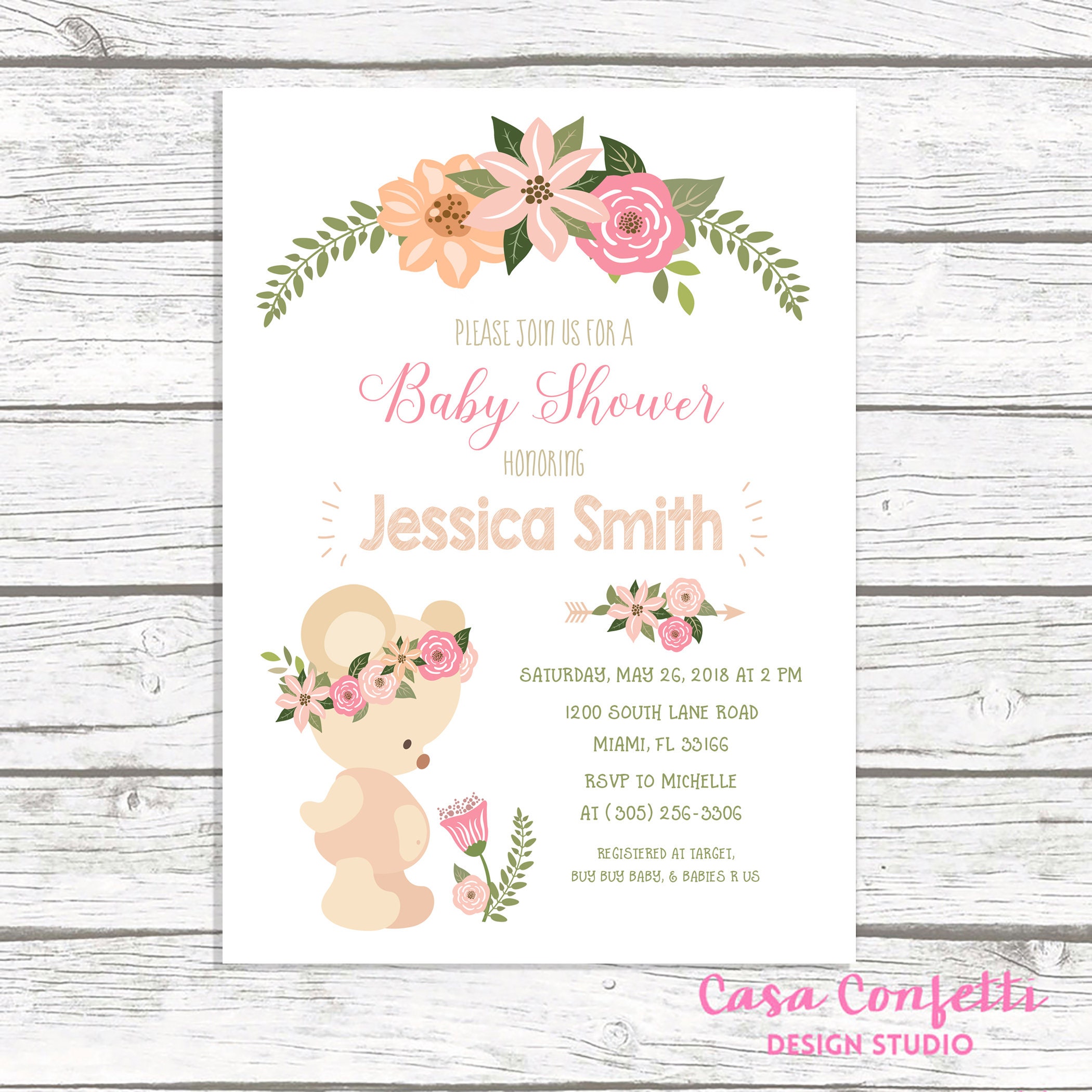 Teddy Bear Baby Shower Invitation Girl Teddy Bear Invitation Etsy