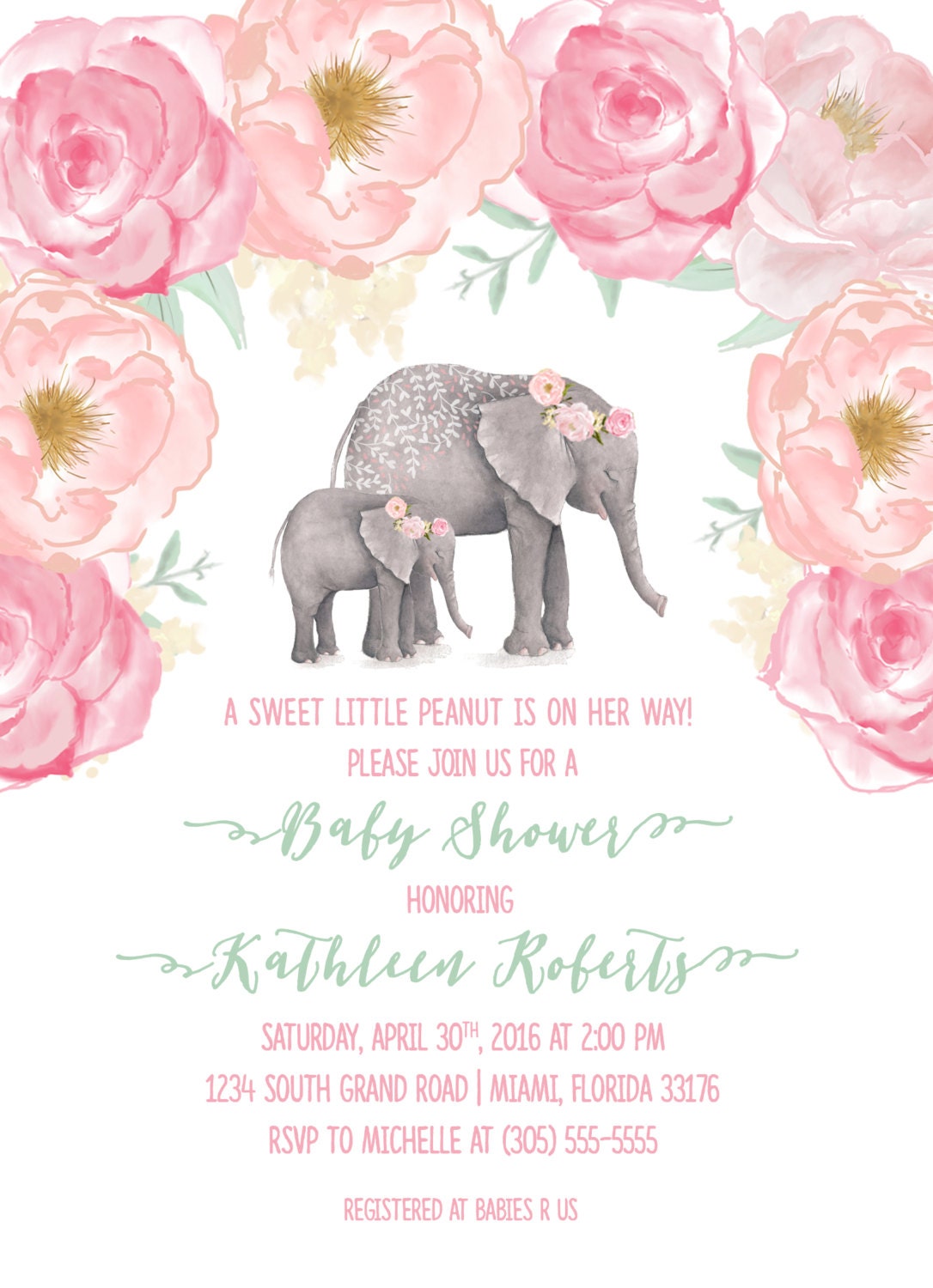 Pink Elephant Baby Shower Invitation, Boho Baby Shower ...