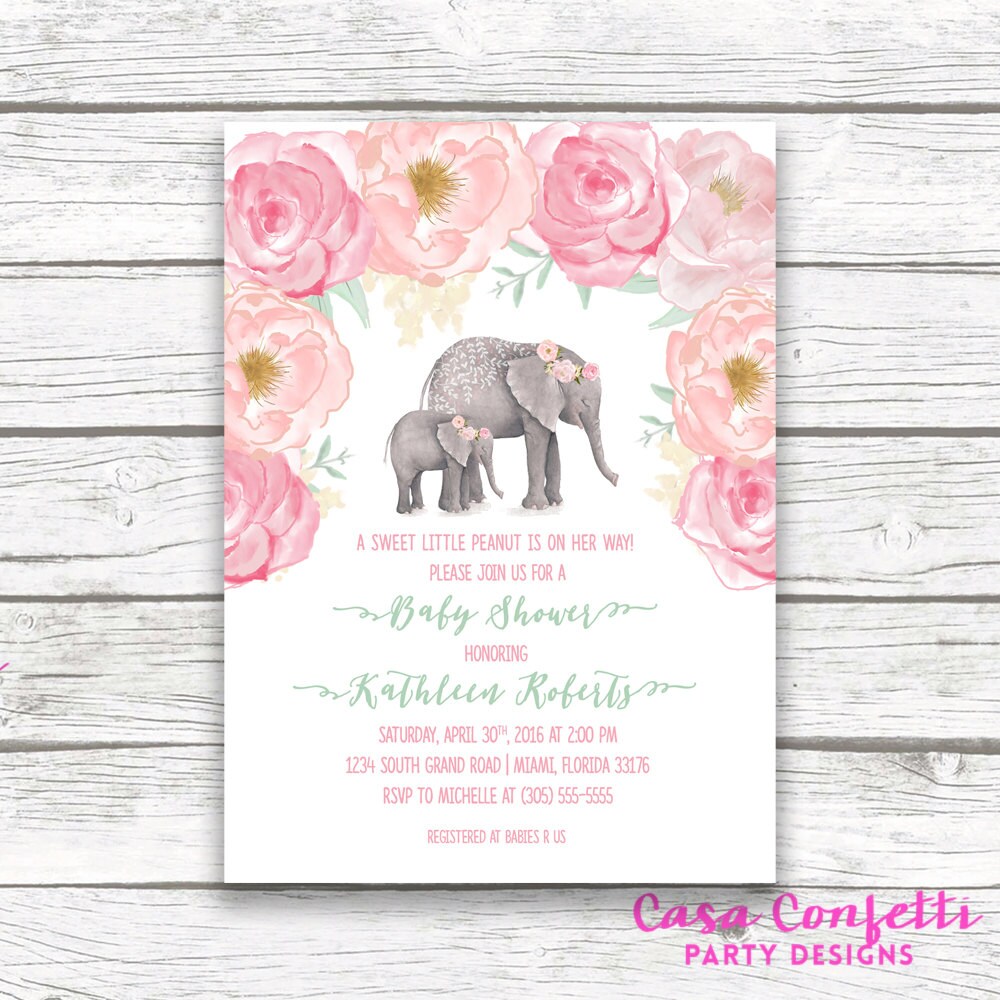 pink elephant baby shower invitation boho baby shower floral girl