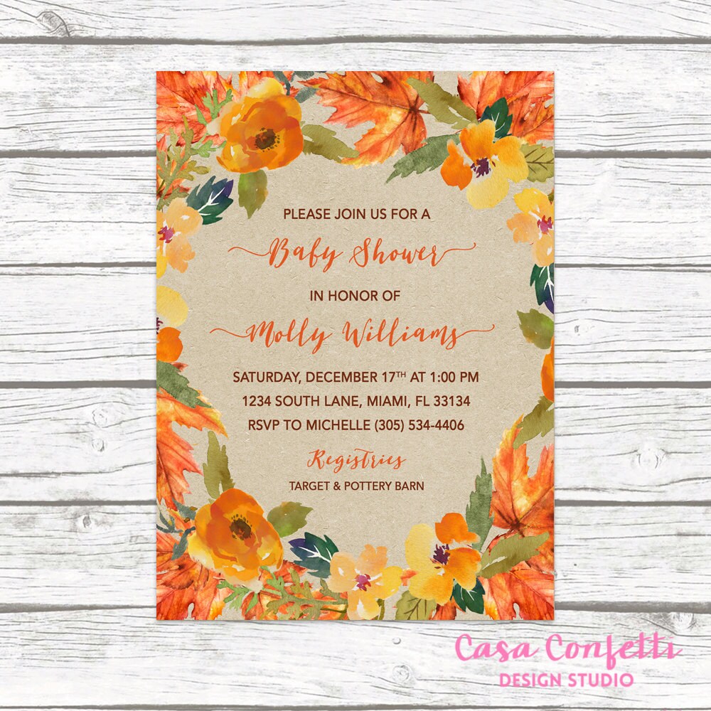 Fall Baby Shower Invitation, Fall Leaves Baby Shower Invitation, Gender