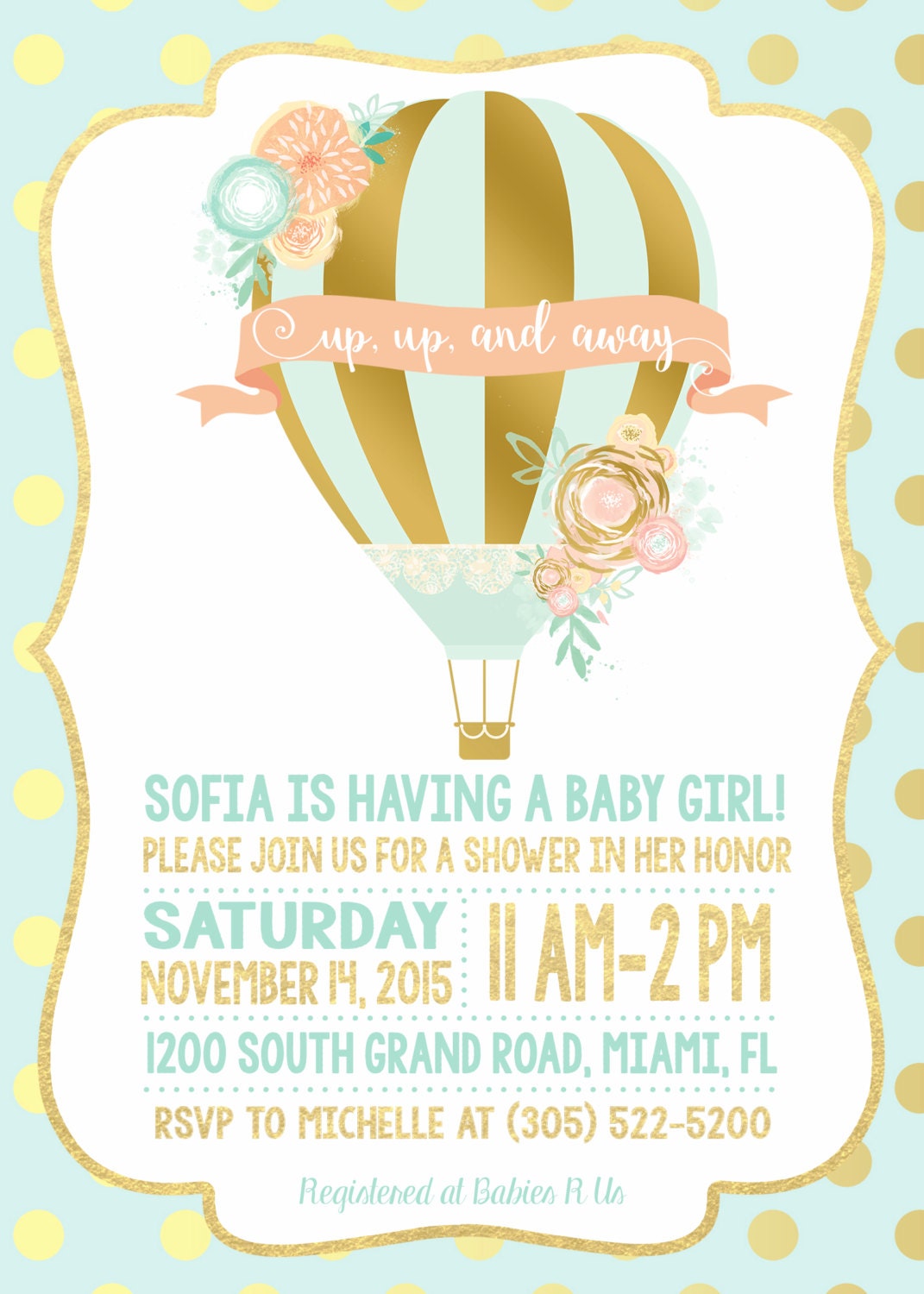 Gold Foil Hot Air Balloon Baby Shower Invitation Mint And Peach