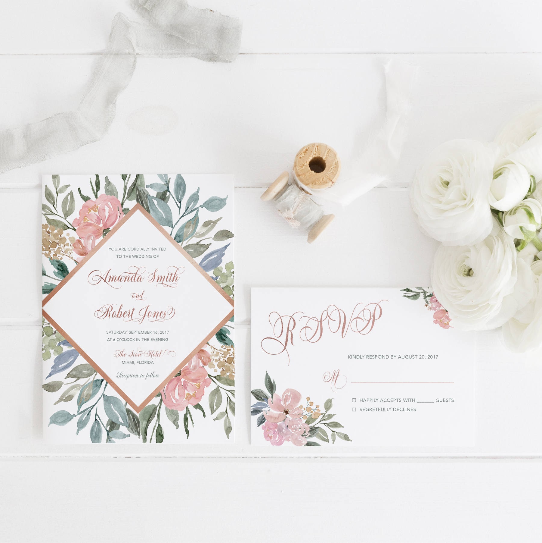 Rose Gold Wedding Invitation Blush Floral Wedding Invitation Blush