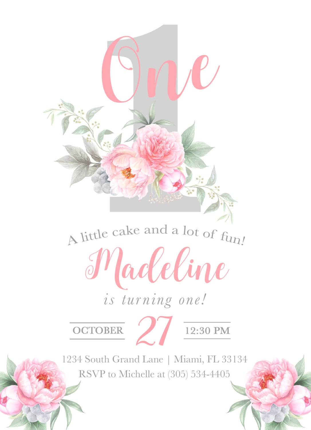 First Birthday Invitation Girl Floral First Birthday Invitation Number 1