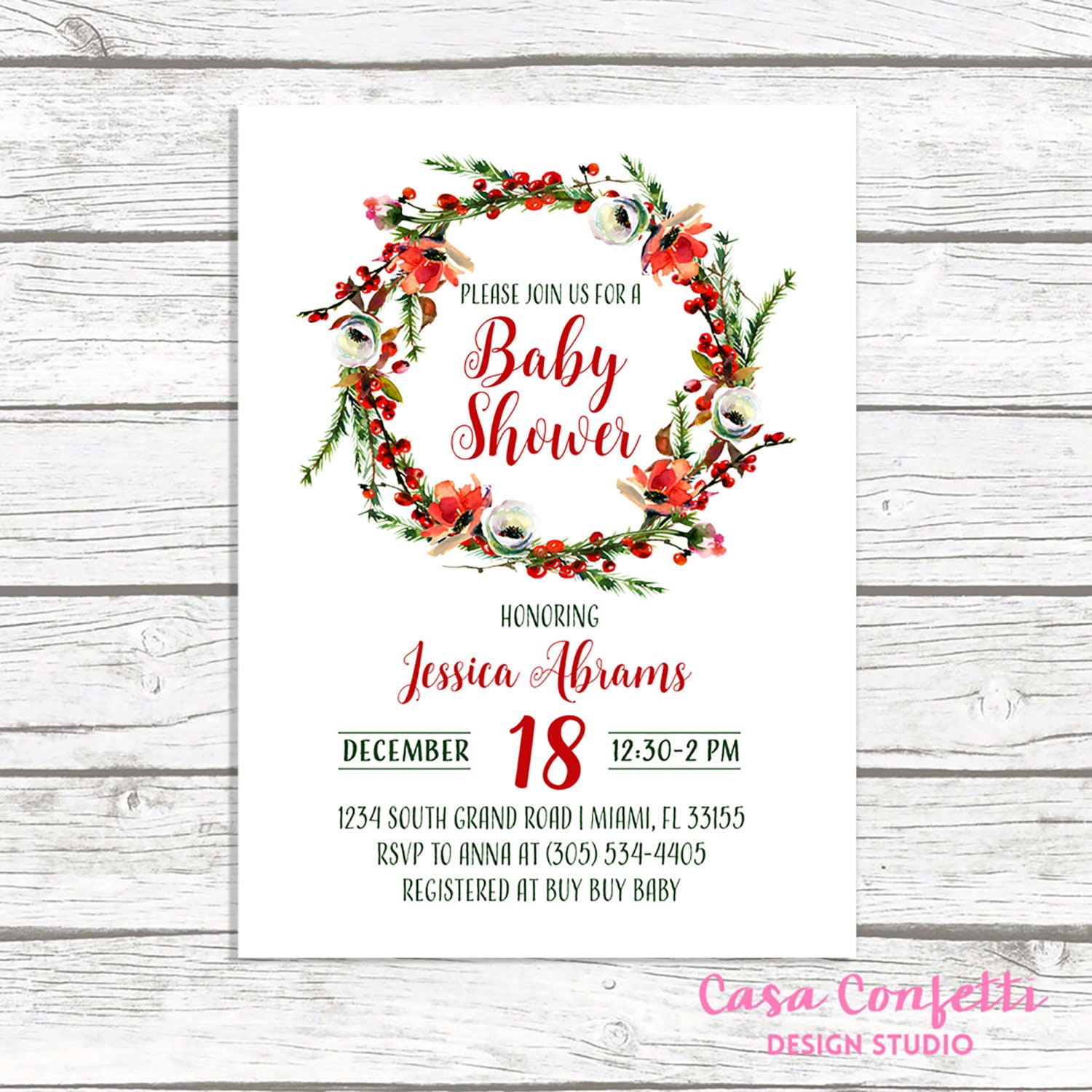 Christmas Floral Wreath Baby Shower Invitation, Winter Christmas Holiday Red Christmas Floral Wreath Baby Shower Invitation, Winter Christmas Holiday Red
