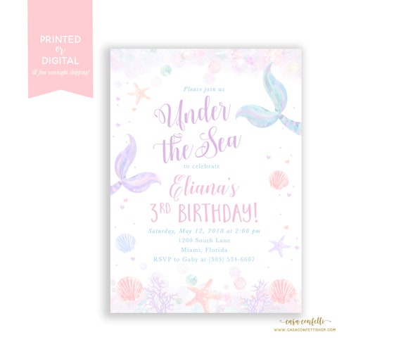 Mermaid Birthday Invitation, Pastel Mermaid Invitation, Under the Sea Invitation, Girl Birthday Party Invite, Watercolor Mermaid Il_570xn