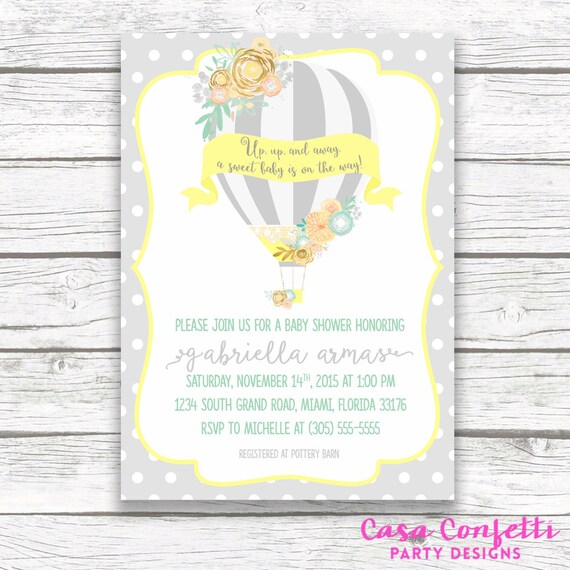 Hot Air Balloon Baby Shower Invitation, Gray Yellow and Teal Gender Neutral Invite, Floral French Chic, Printed or Printable Invitation Il_570xn