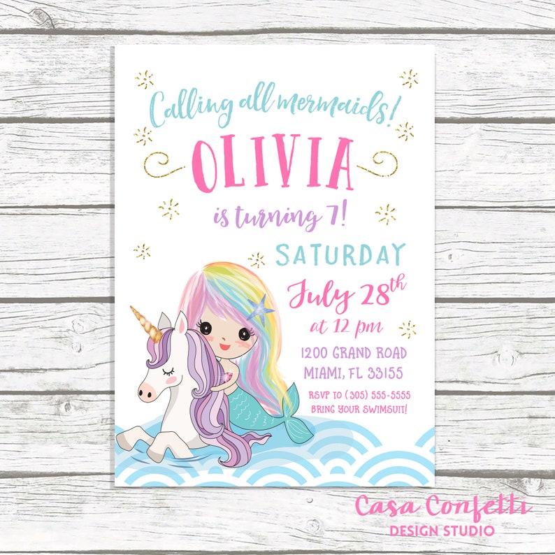 Mermaid Pool Party Invitation Mermaid And Unicorn Birthday Etsy