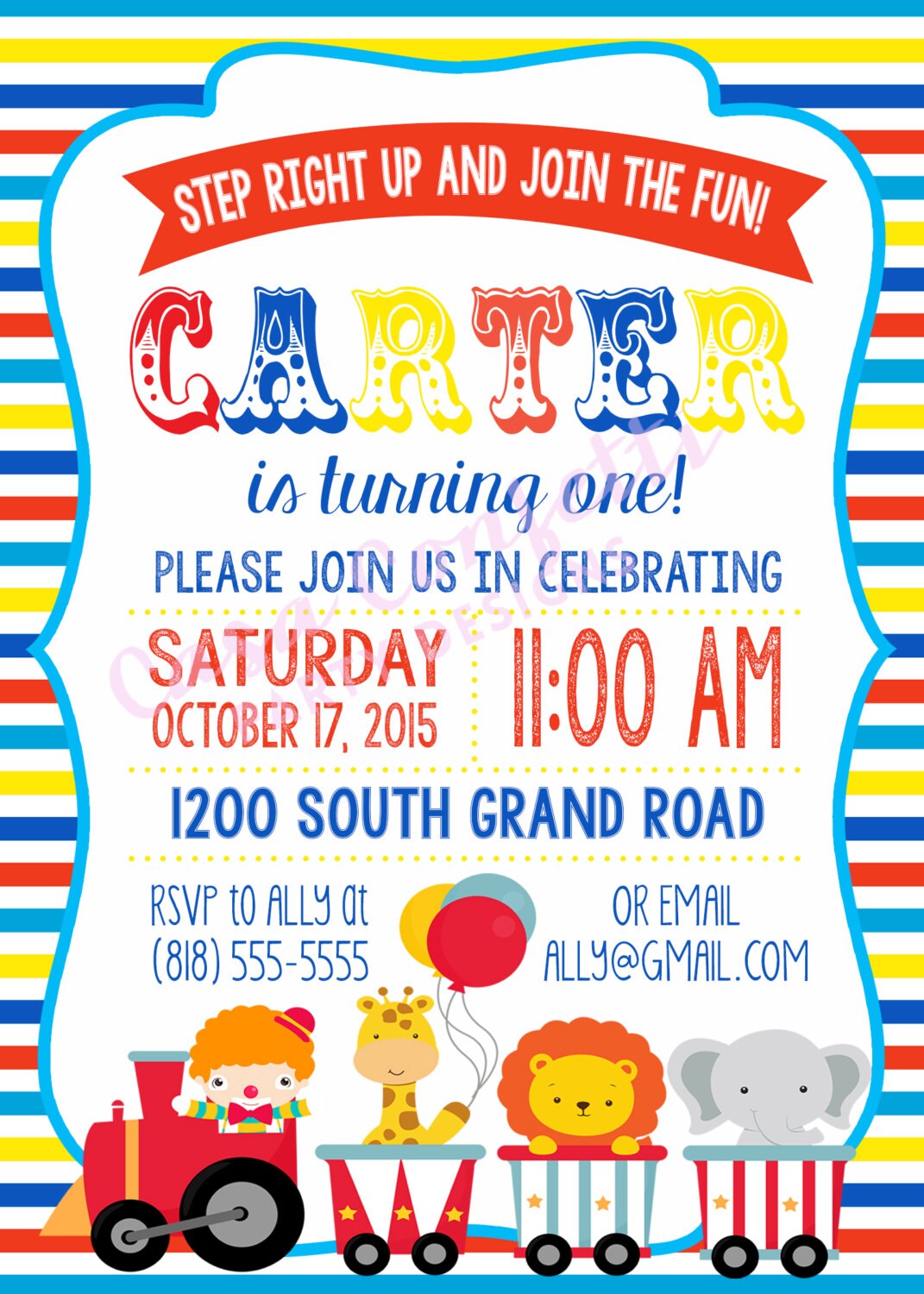 circus carnival birthday party invitation boy girl first 1st