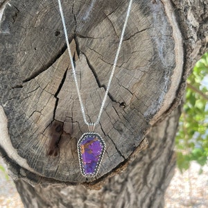 Purple Mojave Turquoise Coffin Necklace on 20” Box Chain