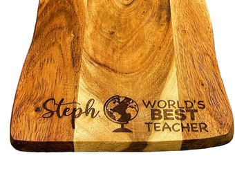 Personalised Gift for Teacher | World’s Best Teacher | Wooden Cheese Board | Engraved Charcuterie Board | Acacia Chopping Board | Tea Board