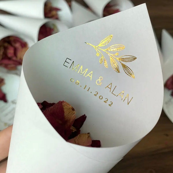 20x Personalised Gold Foil Wedding Confetti Cones