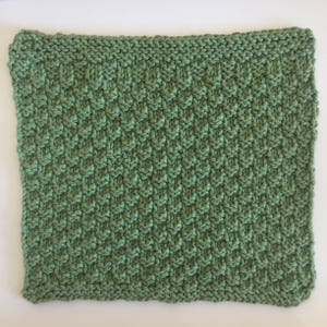 May include: A green knitted dishcloth with a textured pattern.