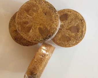 May include: Four natural loofah sponges, round and brown, stacked on a white surface.