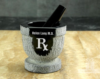 Personalized Custom Engraved Mortar and Pestle - Textured Gray & Black Marble