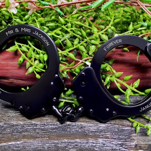 Black Engraved Handcuffs - Locked in Love