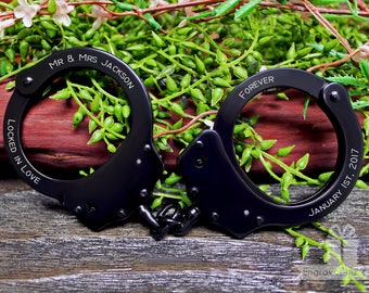 Black Engraved Handcuffs - Locked in Love