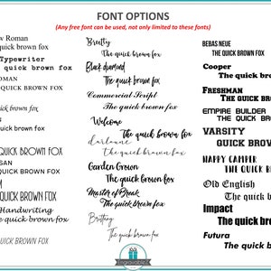 May include: A chart of different font options for a design project. The chart lists various font names and displays the text "The quick brown fox" in each font.