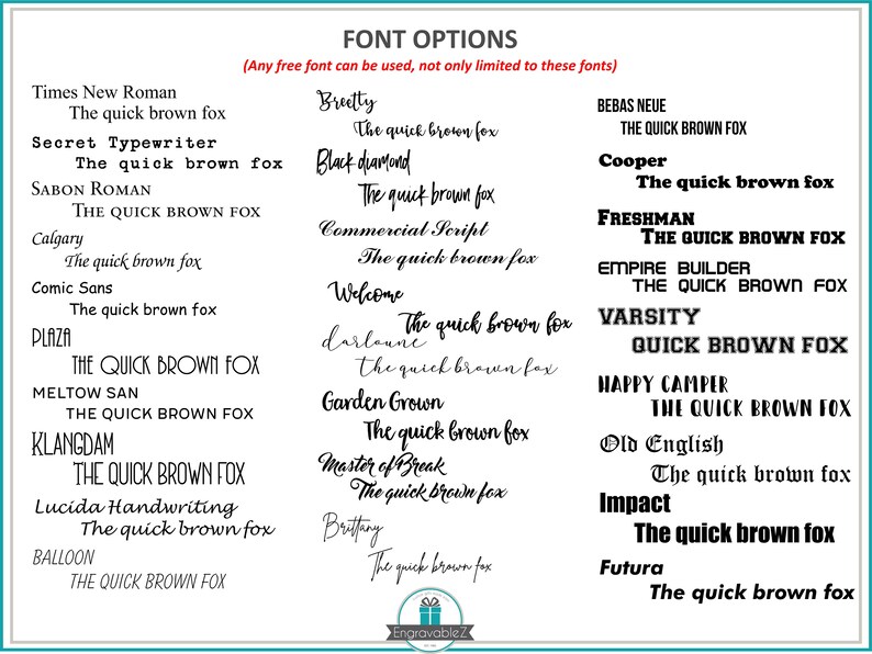 May include: A chart of different font options for a design project. The chart lists various font names and displays the text "The quick brown fox" in each font.