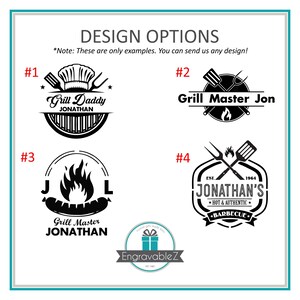 May include: Image showcasing four black and white grill design options. Designs include text like "Grill Daddy Jonathan" and "Grill Master Jon", along with grilling tools and flames. The text "Design Options" is at the top.