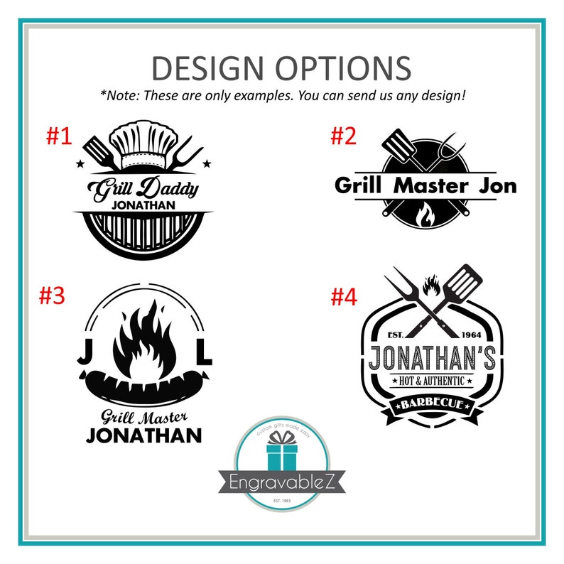 May include: Image showcasing four black and white grill design options. Designs include text like "Grill Daddy Jonathan" and "Grill Master Jon", along with grilling tools and flames. The text "Design Options" is at the top.