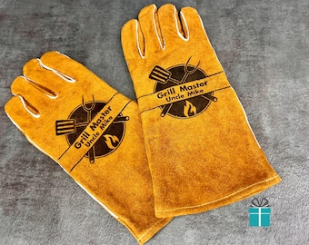 Personalized Engraved Cowhide Grilling Gloves - Heat Protection