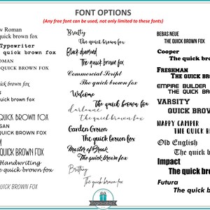 May include: A graphic displaying various font styles for engraving services. The text "FONT OPTIONS" is at the top, with examples of each font, including "The quick brown fox". Fonts range from Times New Roman to Futura.