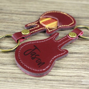 Personalized Custom Engraved Guitar-Shaped Faux Leather Guitar Pick Case Holder Keychain
