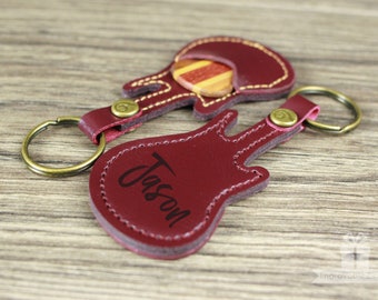 Personalized Custom Engraved Guitar-Shaped Faux Leather Guitar Pick Case Holder Keychain