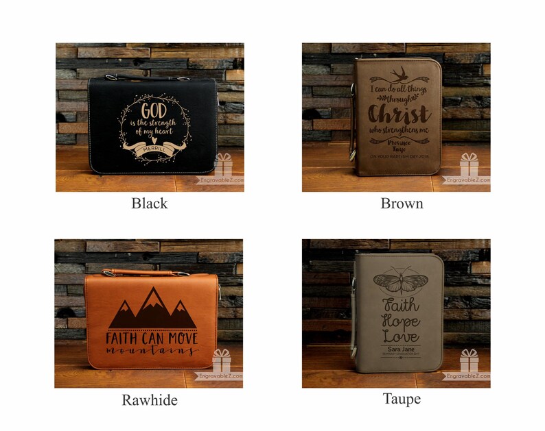 May include: Four leather Bible covers in black, brown, rawhide, and taupe. Each cover features engraved text and designs, including inspirational quotes and mountain graphics. The covers have a handle and zipper closure.