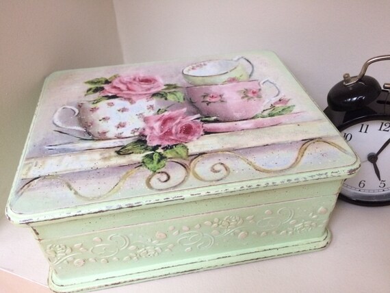 Tea Box Bag Storage Decoupage Shabby Chic Tea Box Bag Storage Decoupage Shabby Chic