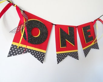 Red, Black and Yellow Polka dot High Chair Banner, First Birthday Party, I AM ONE Banner