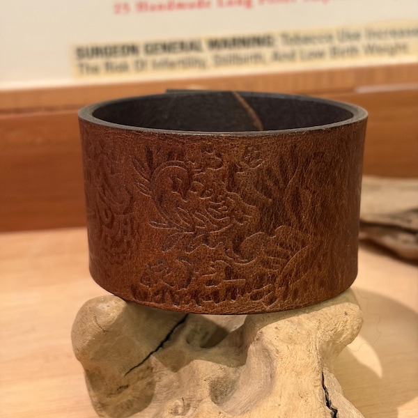 Embossed Leather Cuff Bracelet - Upcycled Belt