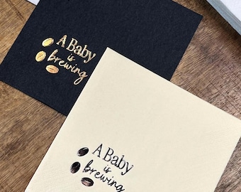 A Baby Is Brewing Cocktail Napkins, Foil Stamped Coffee Theme Party Decor
