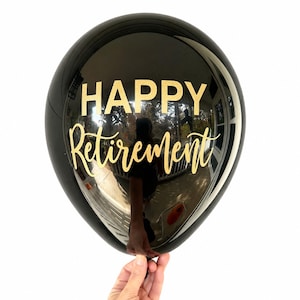 Happy Retirement Balloons, Black and White Latex Decorations with Metallic Gold Design