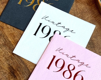 40th Birthday Napkins, Vintage 1986 Foil Stamped, 3-Ply Paper, 110 Color Options
