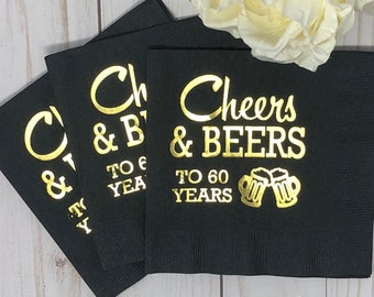 Cheers And Beers To 60 Years, 60th Birthday Napkins, 60th Birthday Decorations, 60th Birthday Party, 60th, Napkins, Black, Foil, Gold