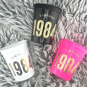 40th Birthday Cups, Vintage 1984, Black, Hot Pink, White Stadium Cups with Gold Metallic Font, 16 ounce, Sold in Sets of 10, Table Decor