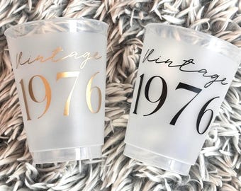 50th Birthday Cups: Vintage 1976 - Frosted 16 Ounce - Black & Gold - Set of 8