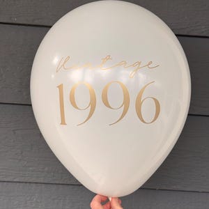 May include: A white balloon with gold text reading "Vintage 1996". The balloon is held by a hand. The background is a dark grey colour. The balloon is round and inflated.